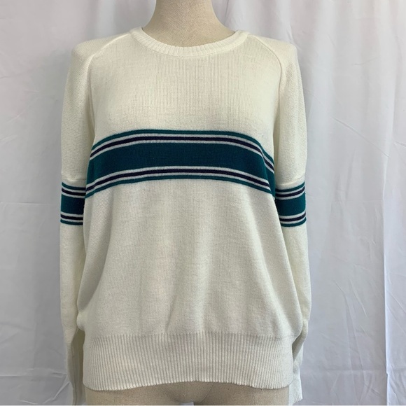 Vintage Crew Neck Sweater with Green and Purple Stripes - Picture 1 of 9